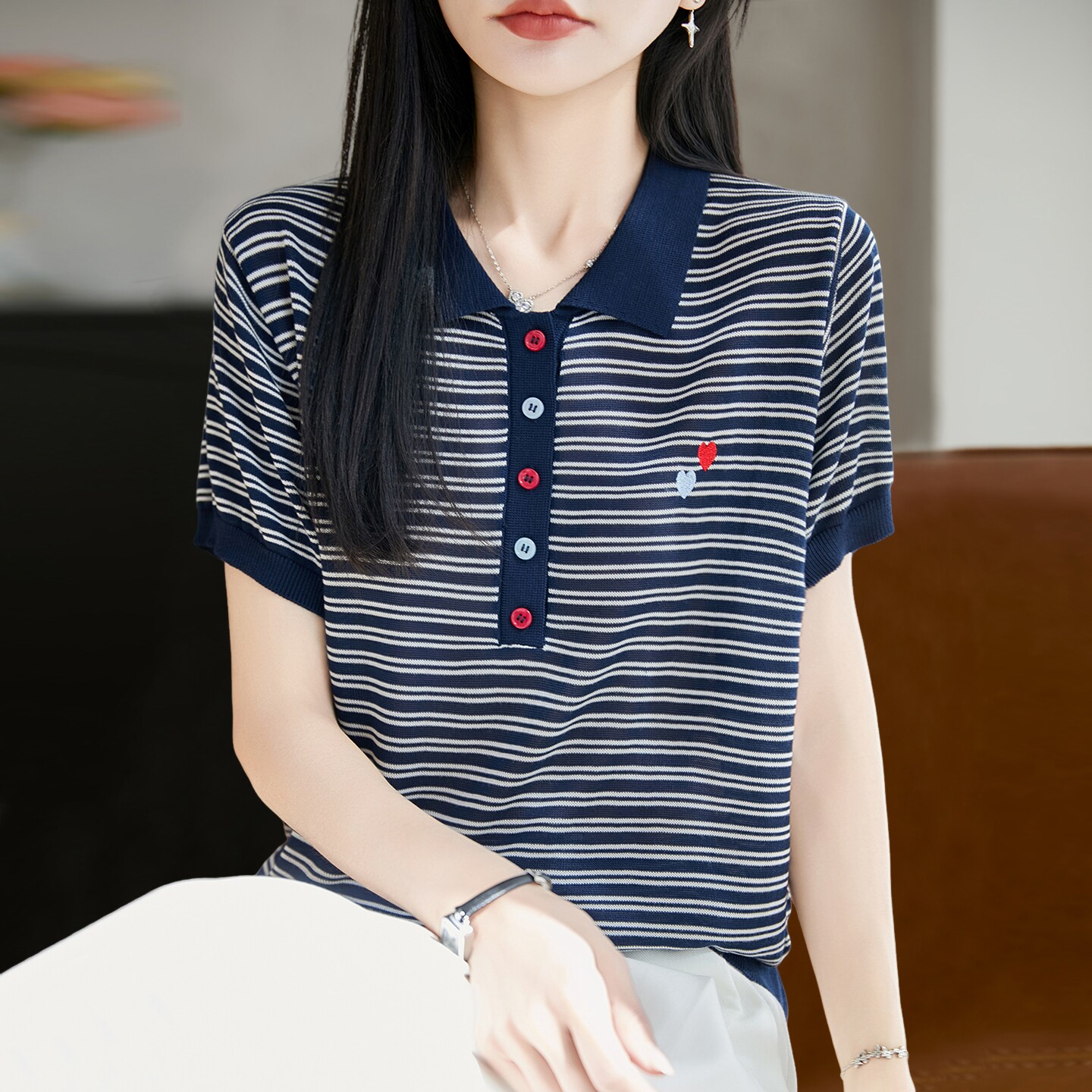 翻领条纹针织短袖t恤女夏季薄款冰丝针织衫大码女装上衣