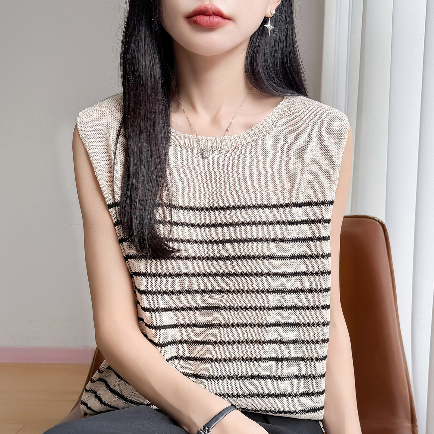无袖条纹针织短袖t恤女夏季薄款冰丝针织衫大码女装上衣