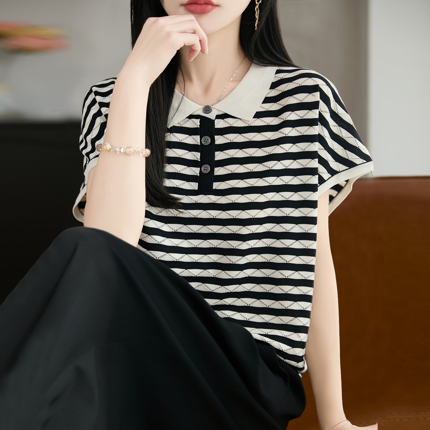 翻领条纹针织短袖t恤女夏季薄款冰丝针织衫大码女装上衣