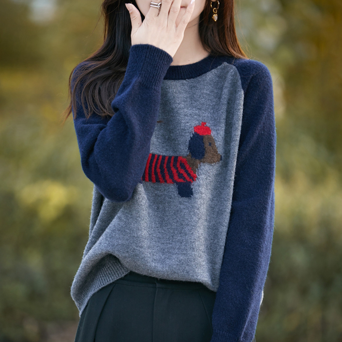 撞色刺绣大码针织打底衫女洋气中老年女装上衣秋冬毛衣