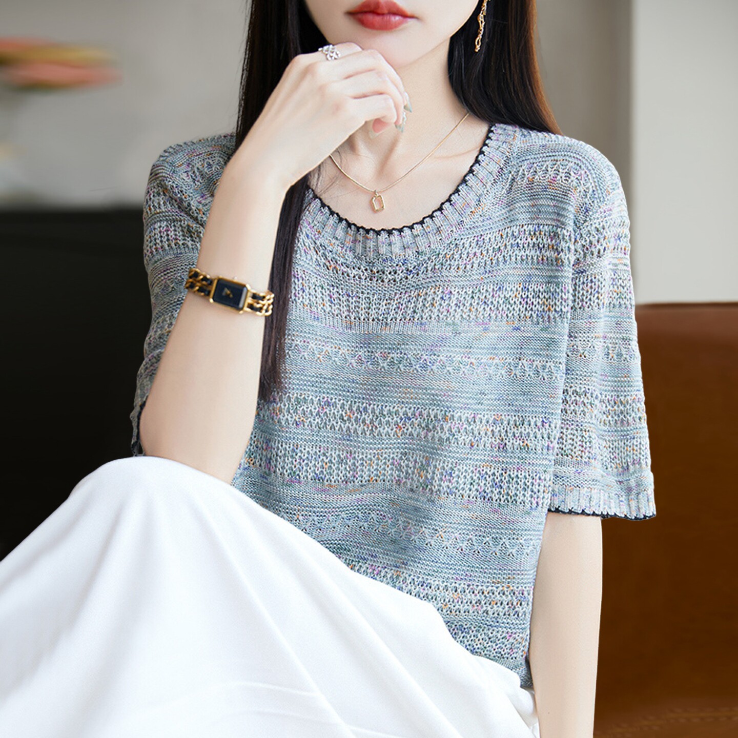 2026新款提花彩砂针织短袖t恤女夏季薄款冰丝针织衫大码女装上衣