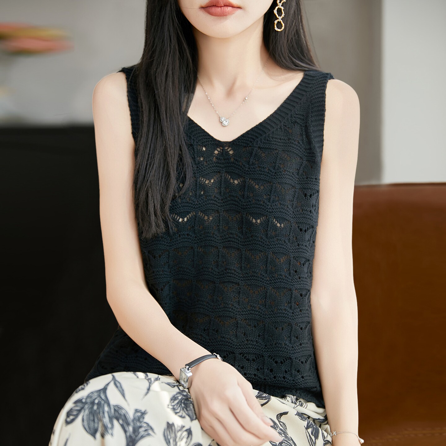 V领显瘦无袖背心t恤女夏季薄款冰丝针织衫大码女装上衣