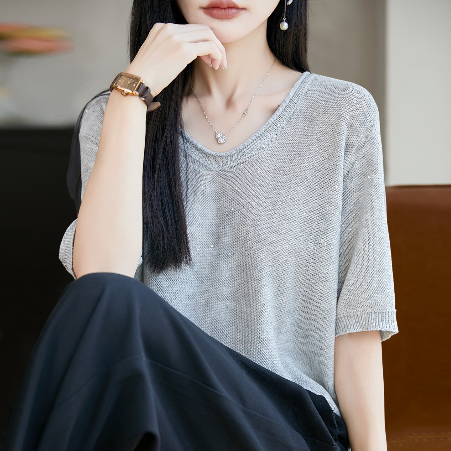 针织条纹圆领短袖t恤女夏季薄款冰丝针织衫大码女装上衣