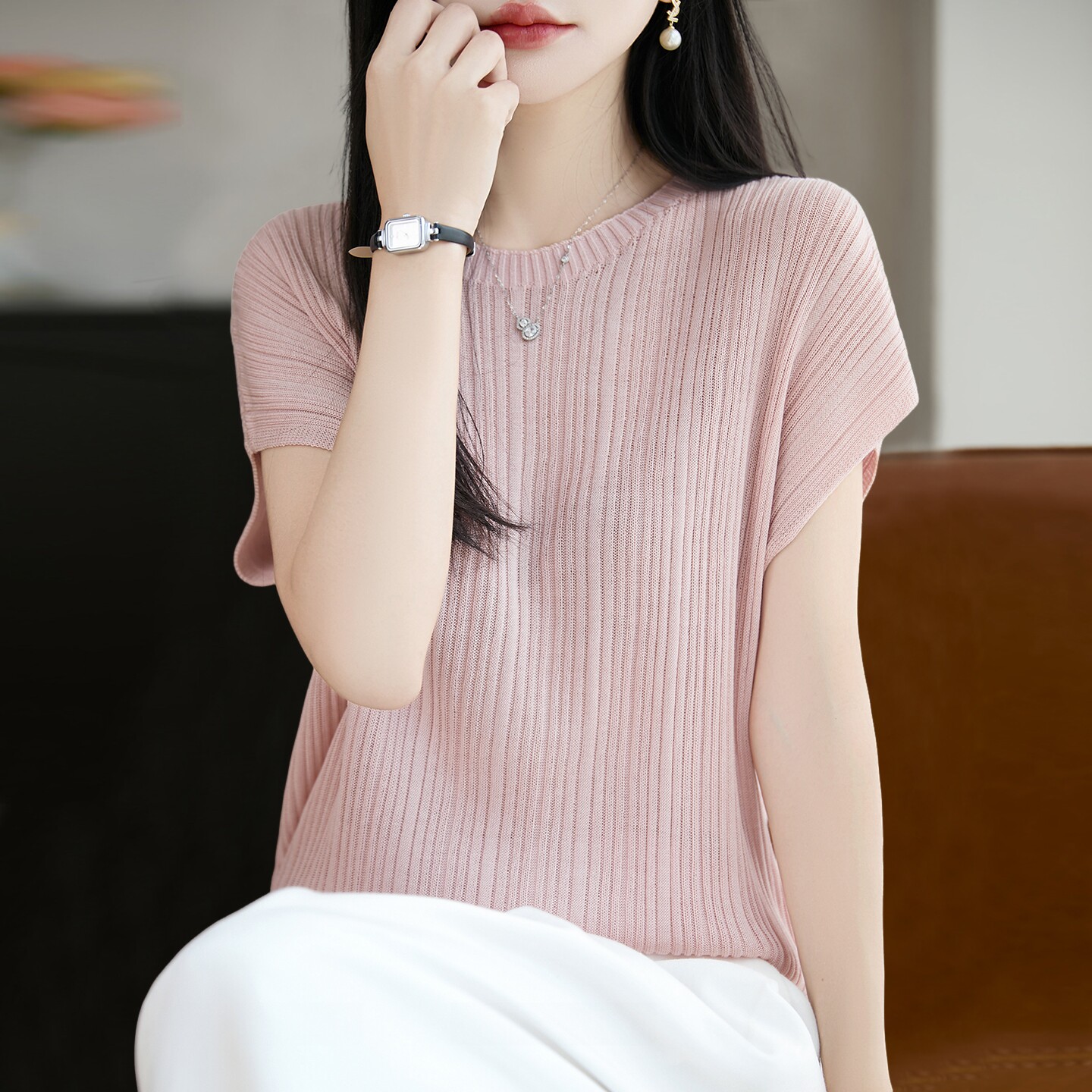 纯色时尚针织短袖t恤女夏季薄款冰丝针织衫大码女装上衣