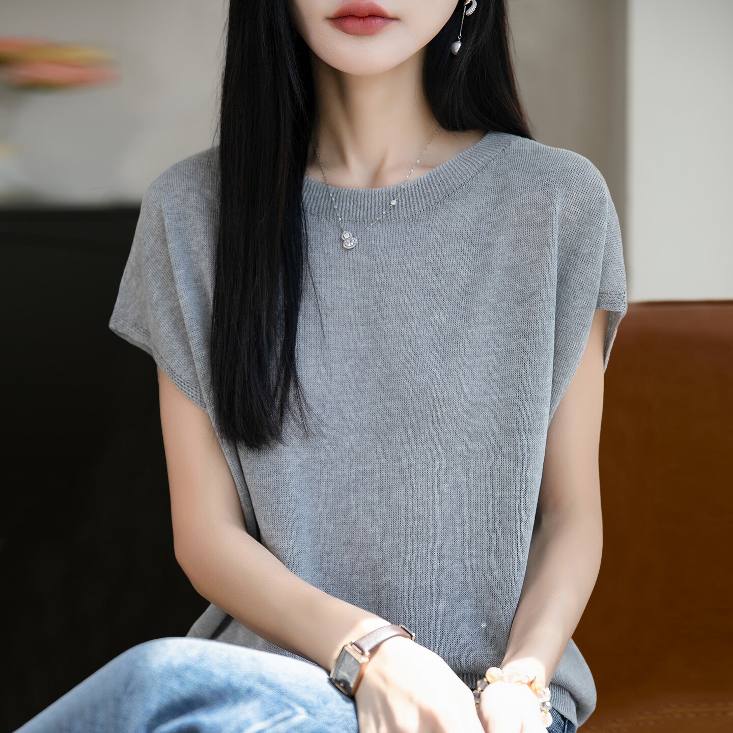 针织条纹圆领短袖t恤女夏季薄款冰丝针织衫大码女装上衣