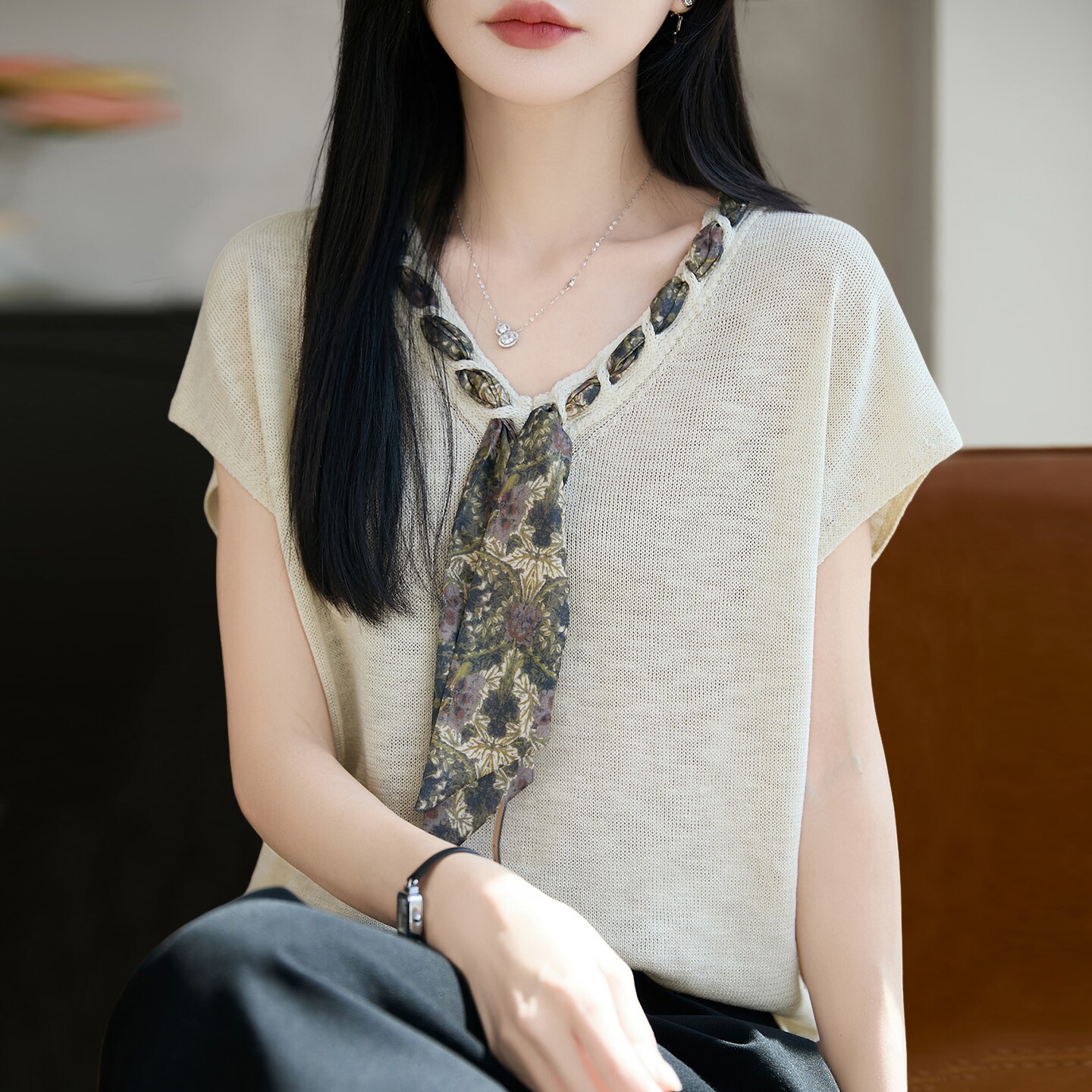 2026新款V领镂空针织短袖t恤女夏季薄款冰丝针织衫大码女装上衣
