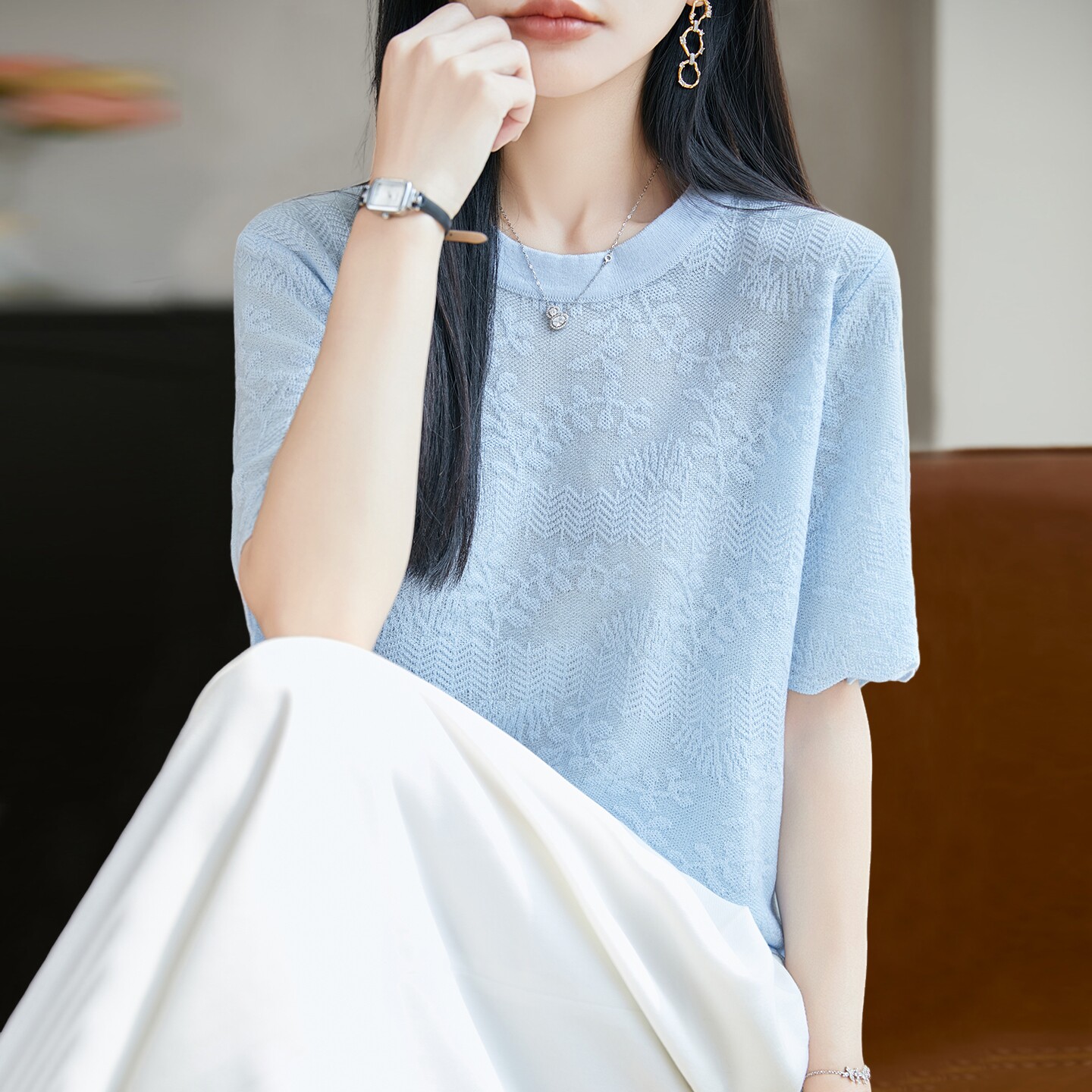 拉夏贝尔 提花纯色针织短袖t恤女夏季薄款冰丝针织衫大码女装上衣