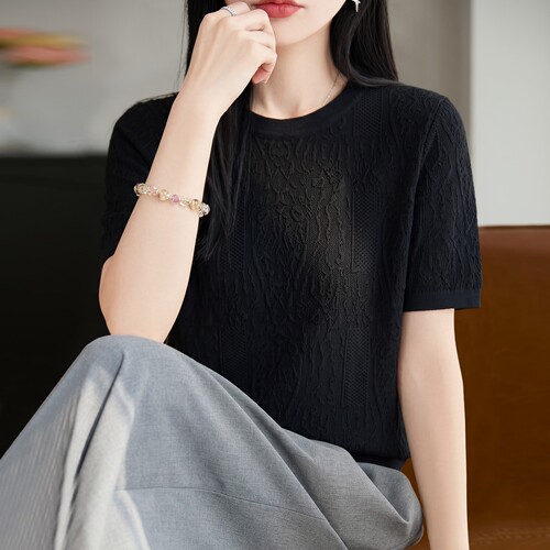 2026新款提花纯色针织短袖t恤女夏季薄款冰丝针织衫大码女装上衣