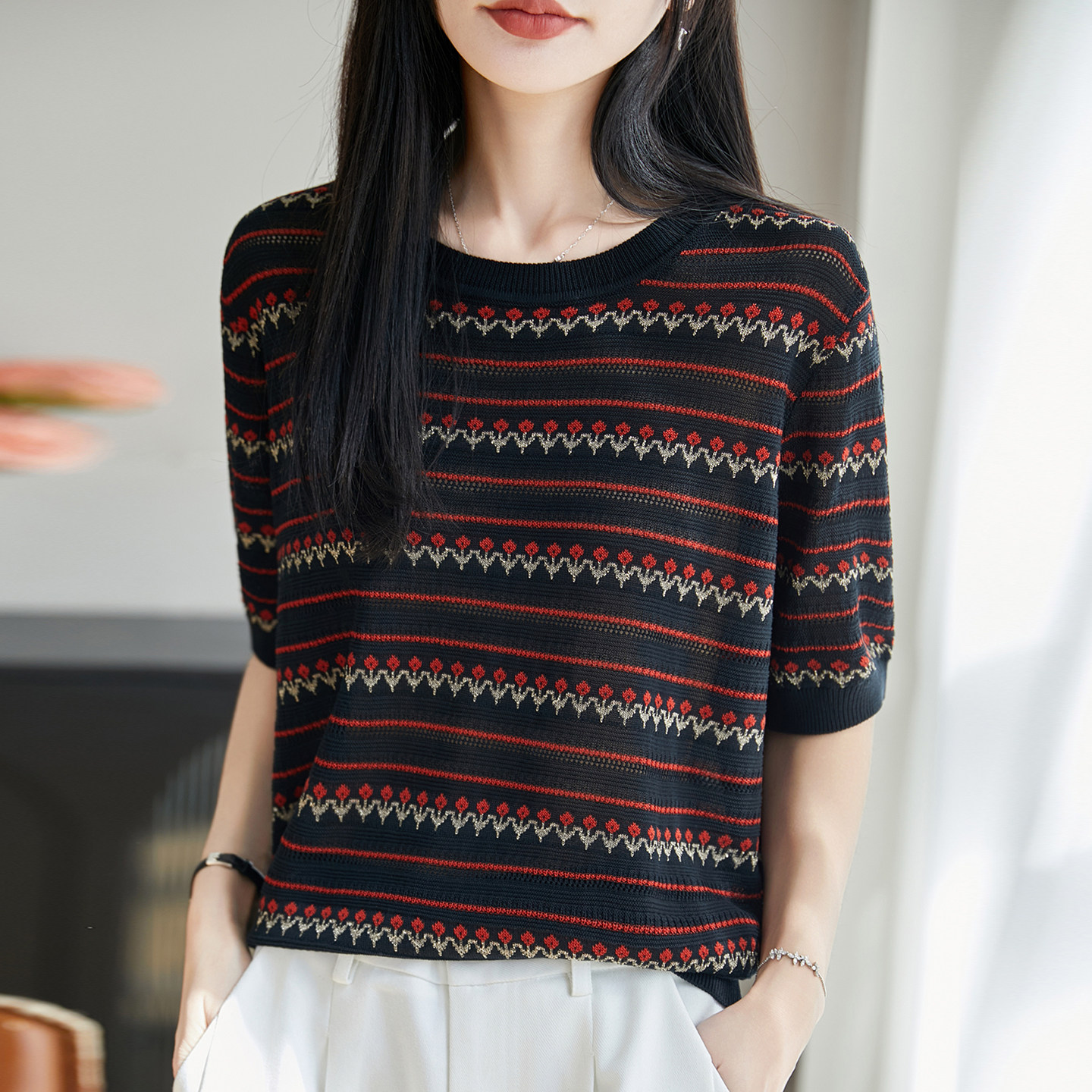 条纹撞色针织短袖t恤女夏季薄款冰丝针织衫大码女装上衣