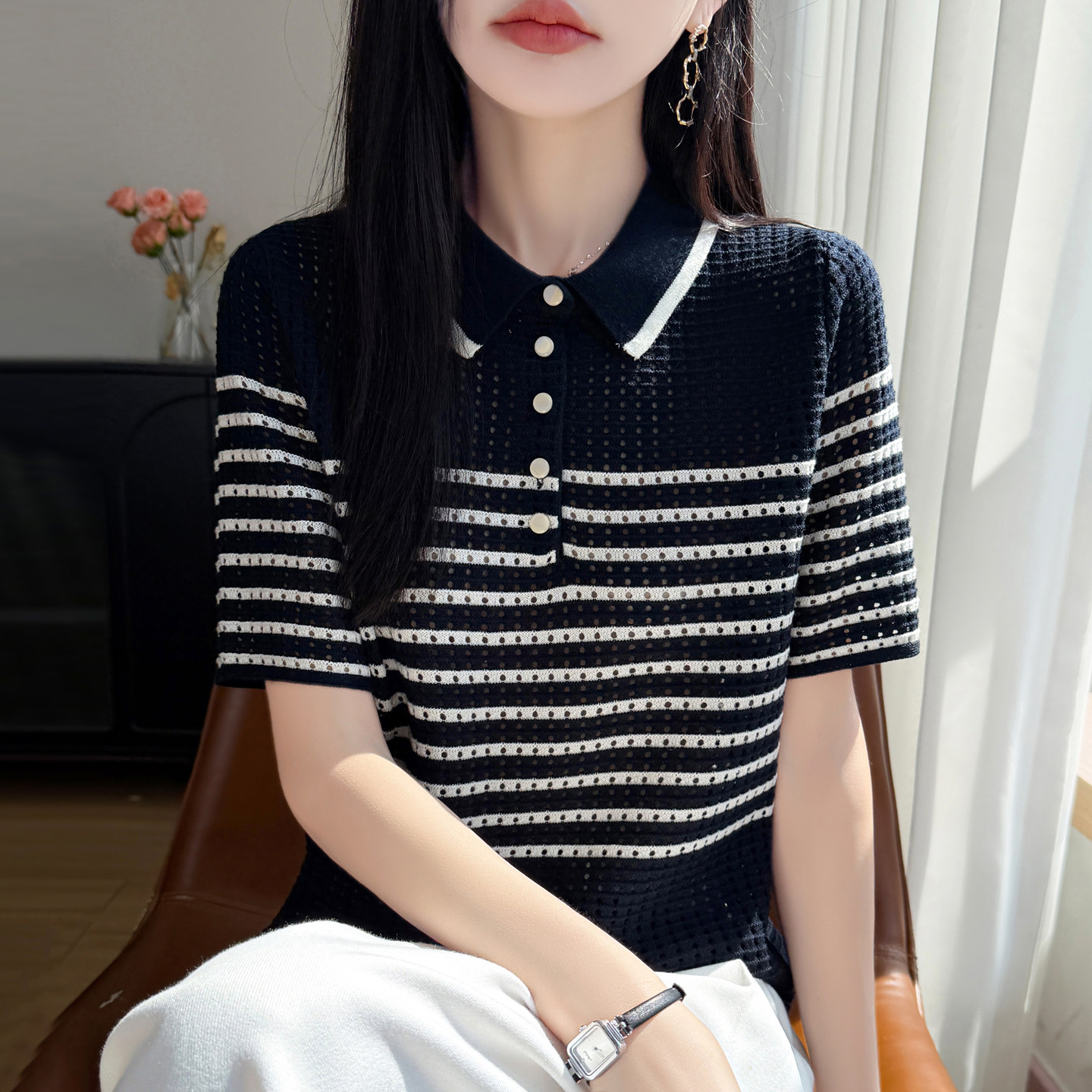 新款针织翻领半开短袖t恤女夏季薄款冰丝针织衫大码女装上衣