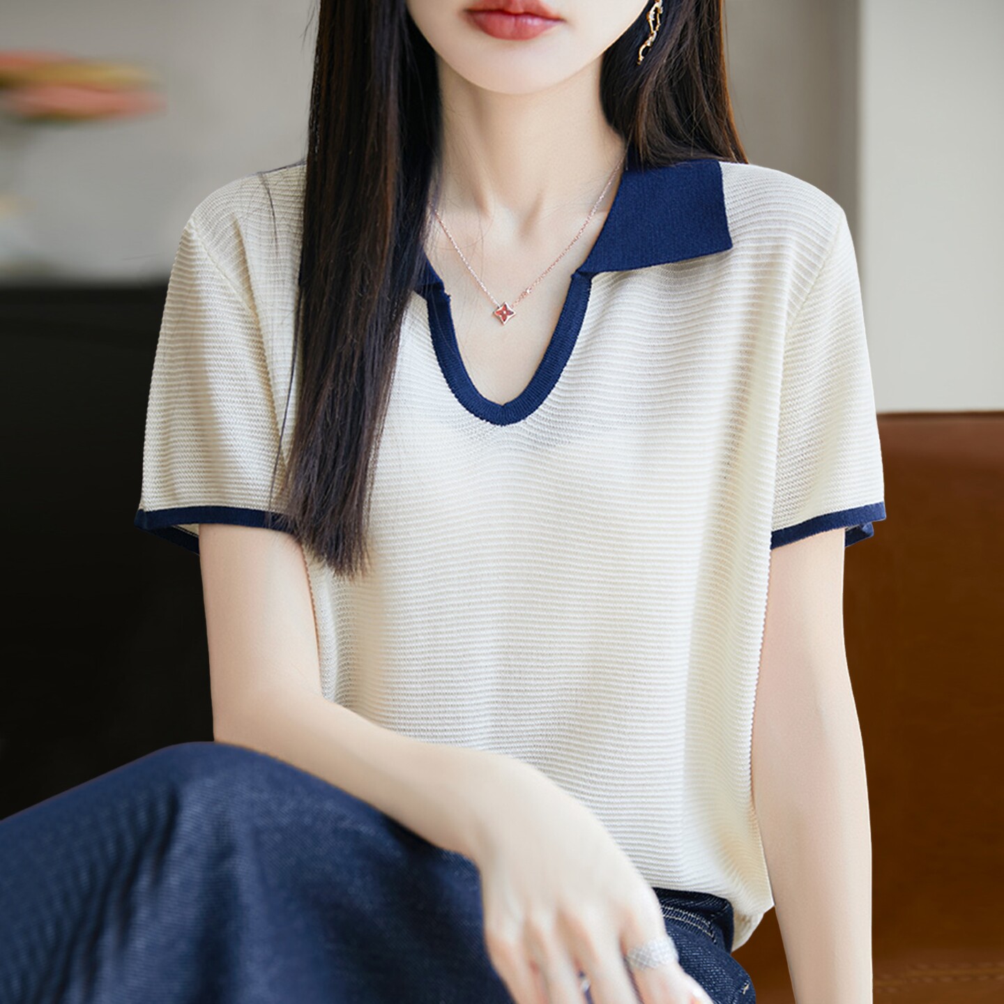 V领纯色针织短袖t恤女夏季薄款冰丝针织衫大码女装上衣