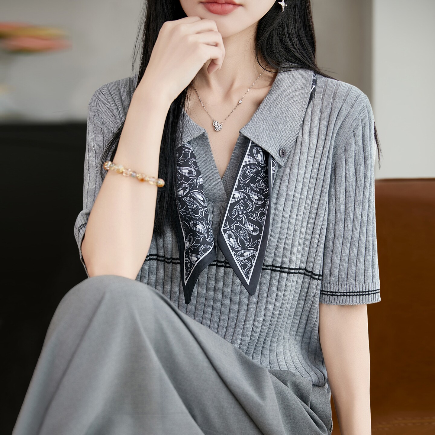 翻领减龄百搭短袖t恤女夏季薄款冰丝针织衫大码女装上衣