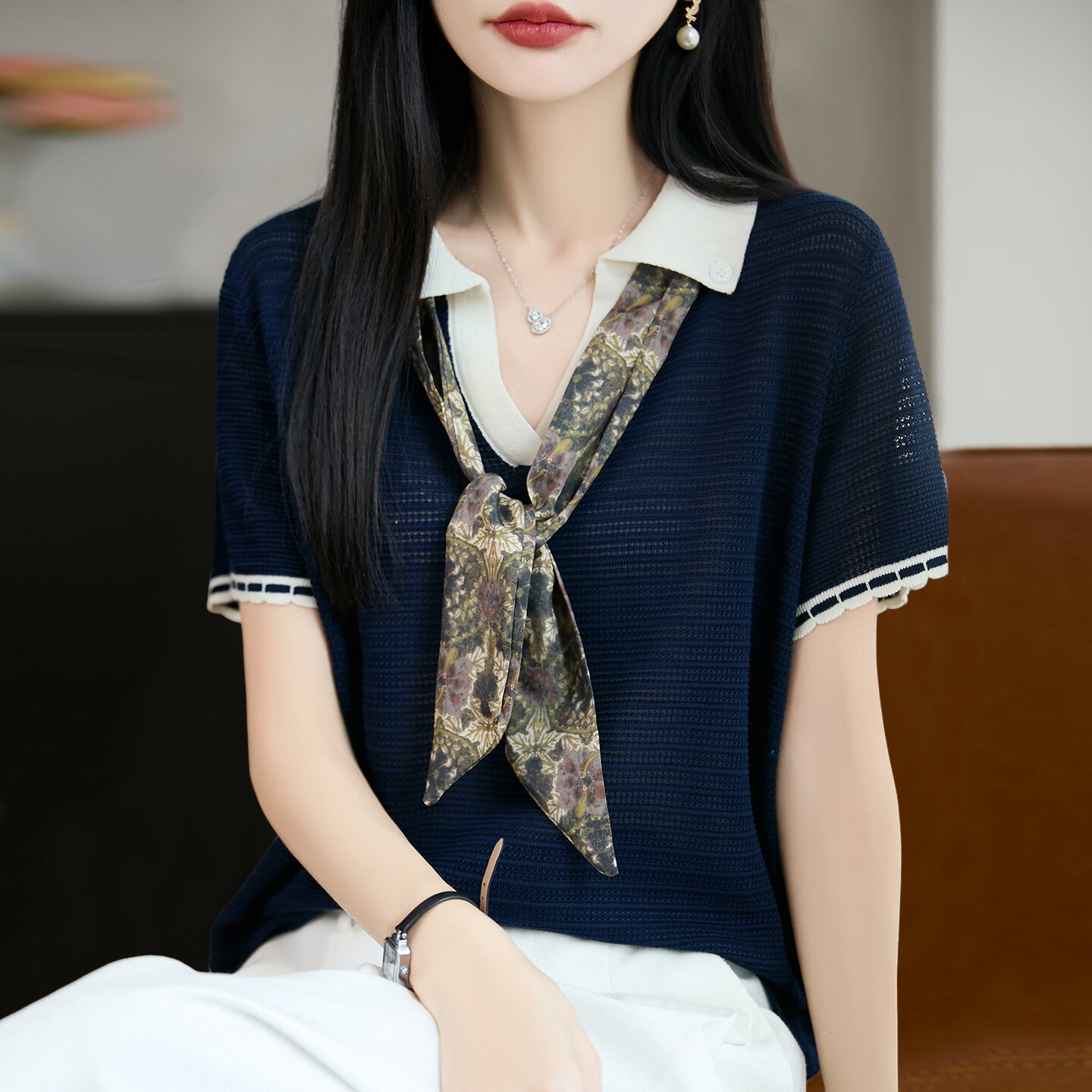 V领纯色丝巾针织短袖t恤女夏季薄款冰丝针织衫女装上衣