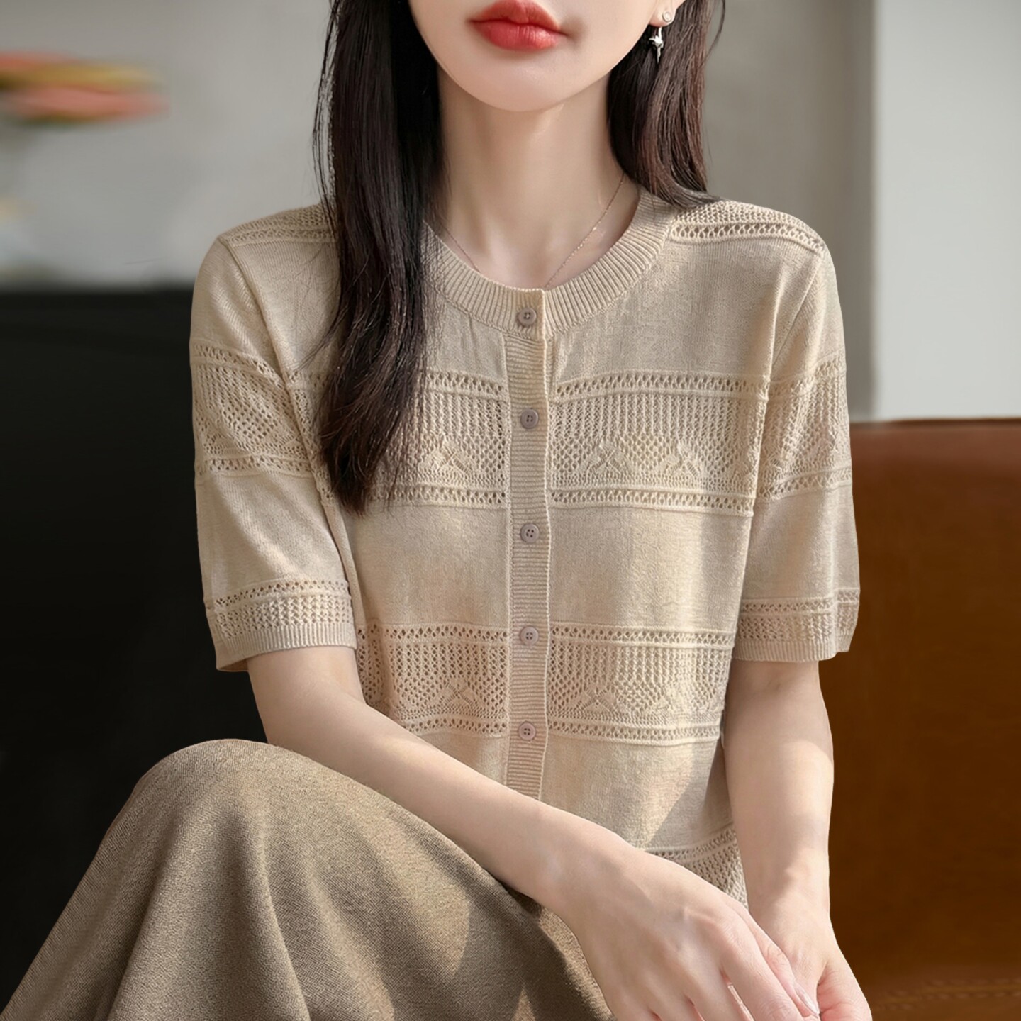 新款镂空条纹针织短袖t恤开衫女夏季薄款冰丝针织衫女装上衣