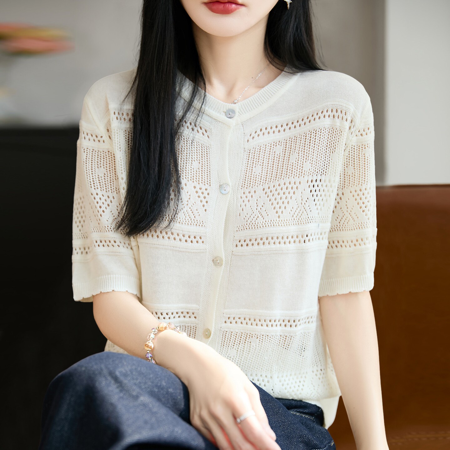 新款镂空开衫针织短袖t恤女夏季薄款冰丝针织衫大码女装上衣
