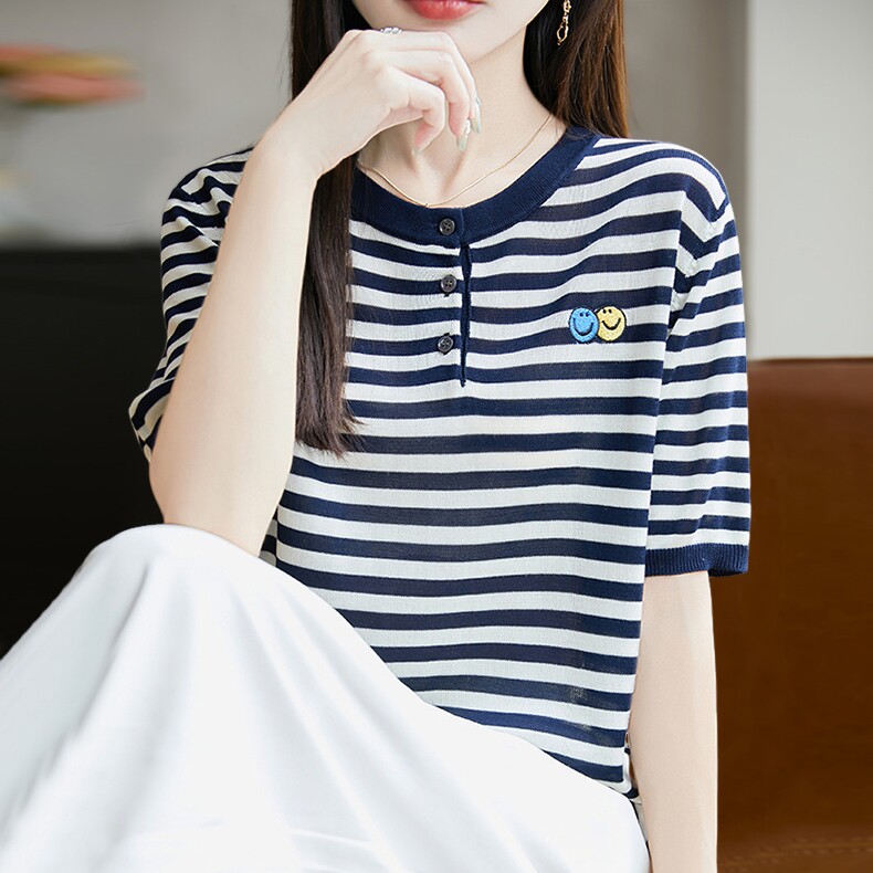 拉夏贝尔 条纹撞色针织短袖t恤女夏季薄款冰丝针织衫大码女装上衣