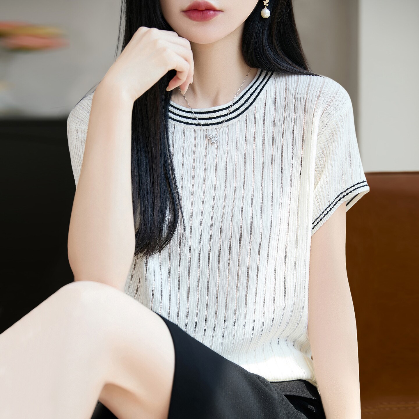 镂空显瘦针织短袖t恤女夏季薄款冰丝针织衫大码女装上衣