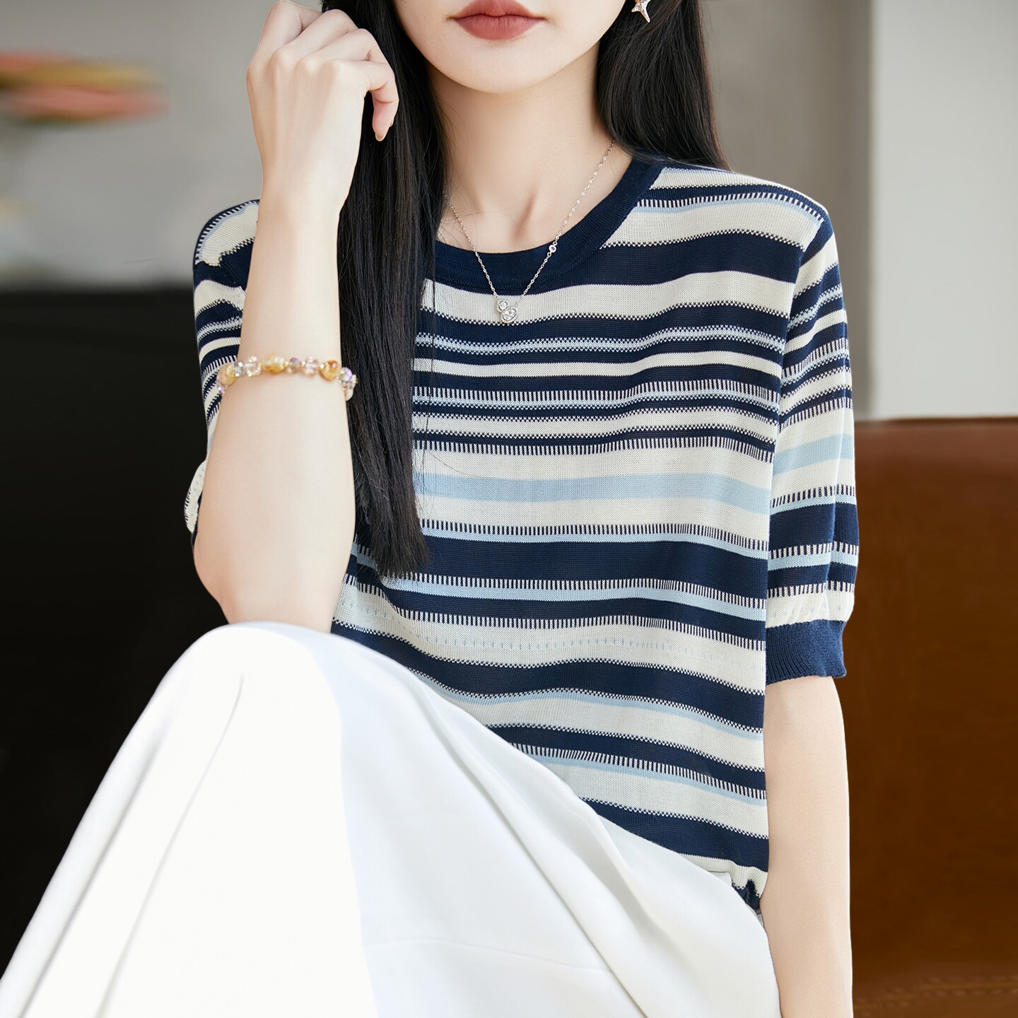 新款简约百搭条纹短袖t恤女夏季薄款冰丝针织衫大码女装上衣
