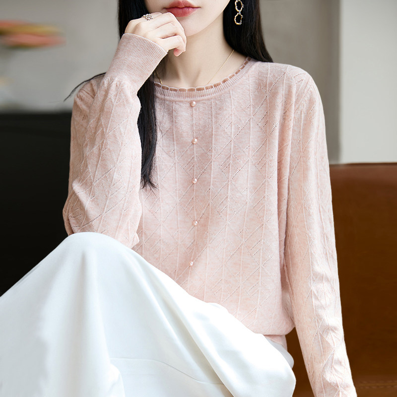 早秋蕾丝钉珠针织打底衫女新款春秋内搭上衣洋气大码女装毛衣