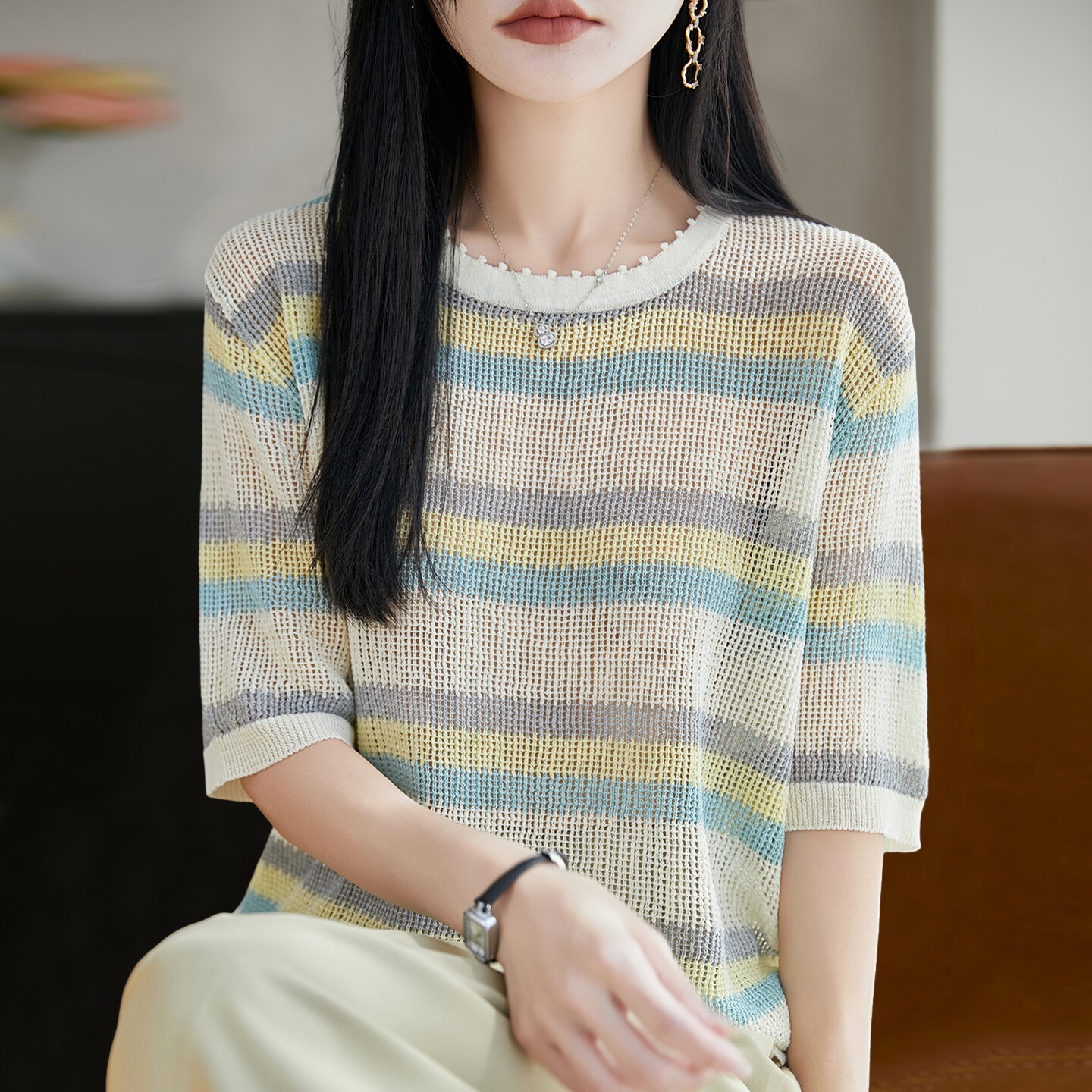 镂空条纹针织短袖t恤女夏季薄款冰丝针织衫大码女装上衣