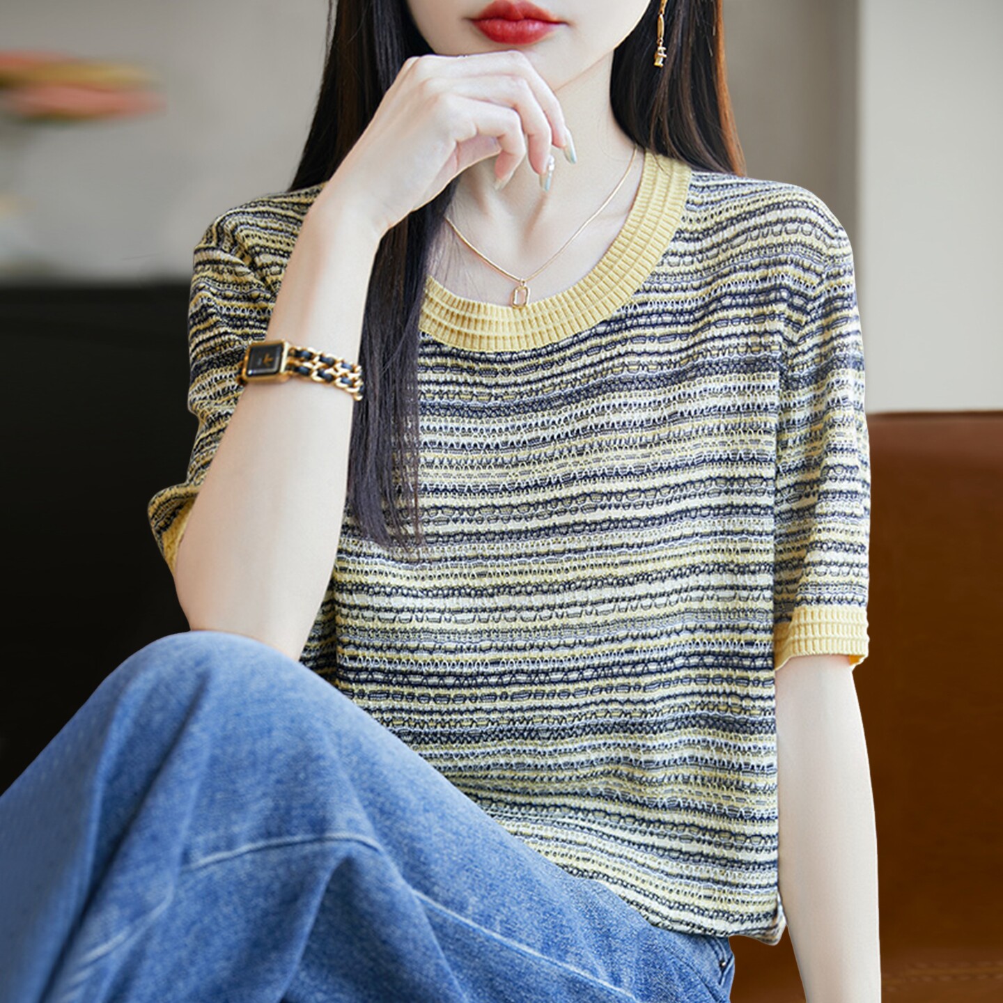 拉夏贝尔 条纹镂空针织短袖t恤女夏季薄款冰丝针织衫大码女装上衣