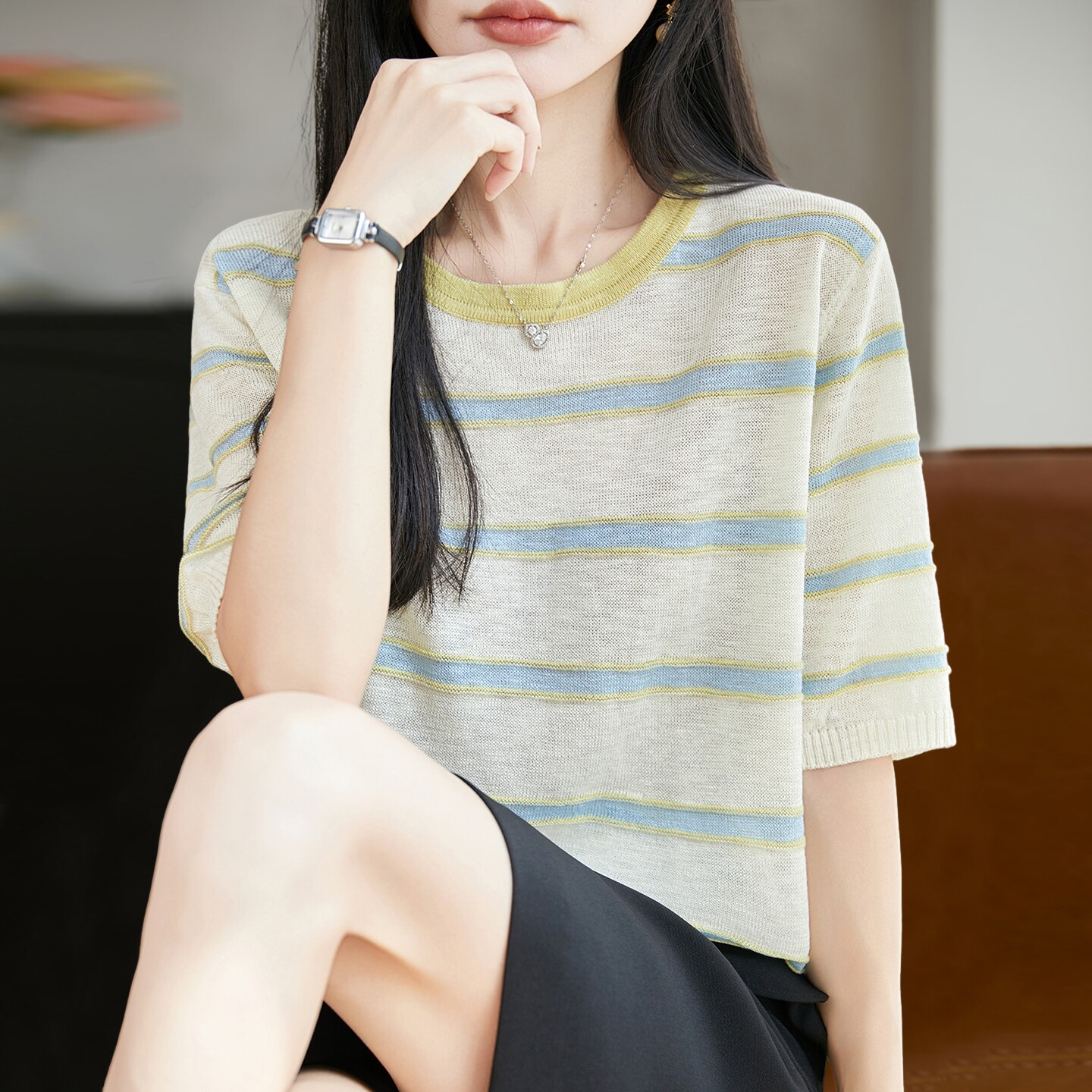 镂空条纹针织短袖t恤女夏季薄款冰丝针织衫大码女装上衣