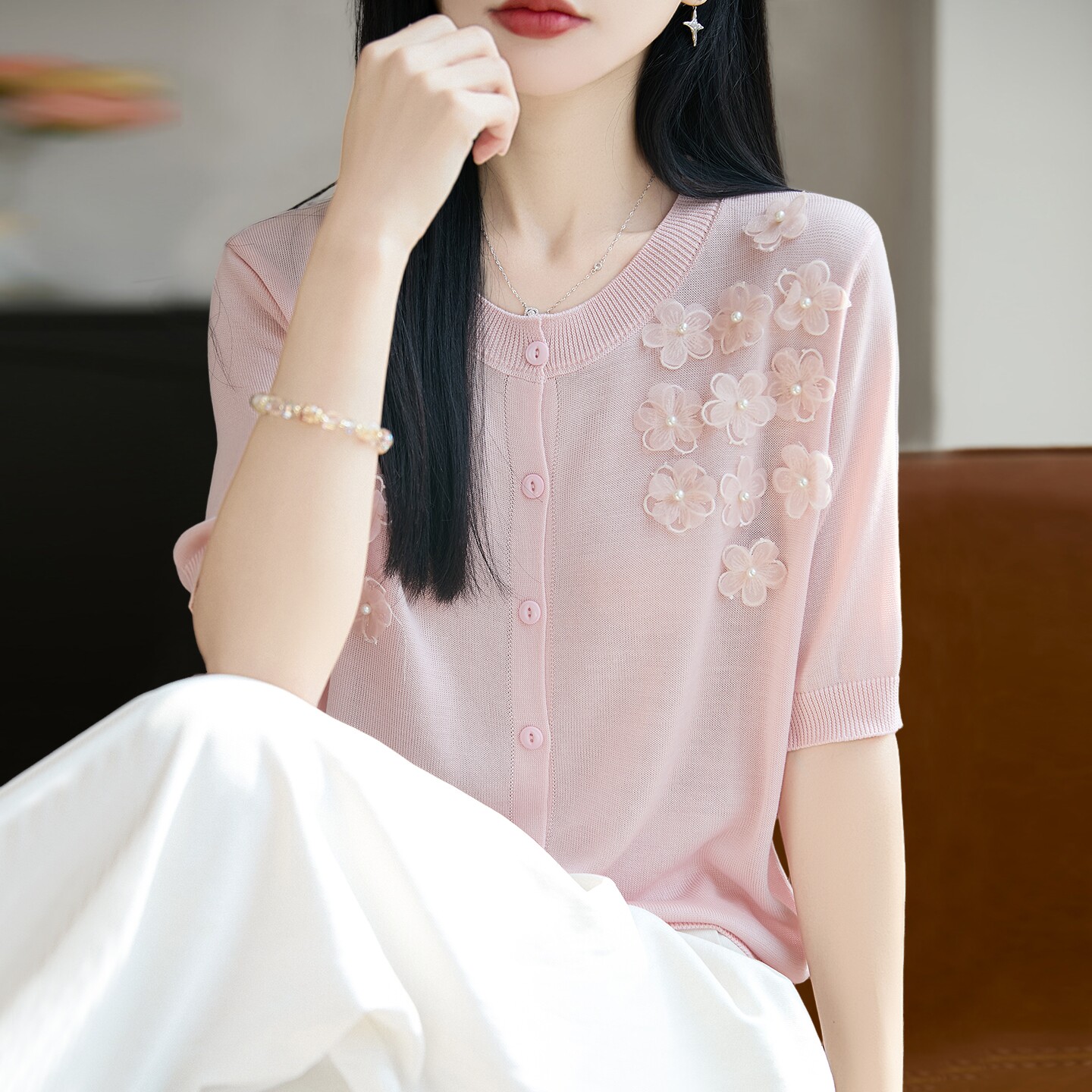 拉夏贝尔 钉珠花朵开衫短袖t恤女夏季薄款冰丝针织衫大码女装上衣