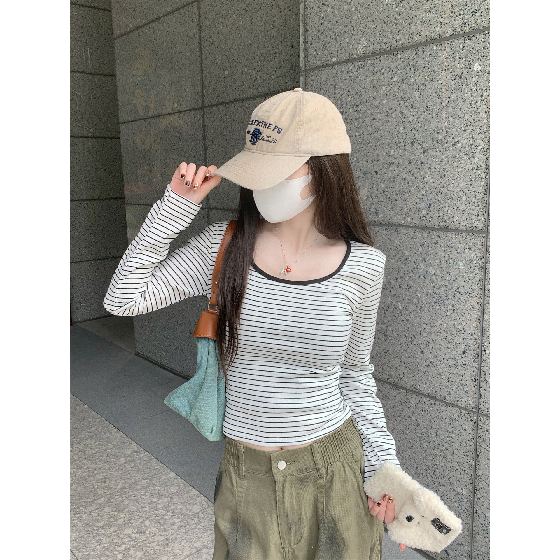 chic条纹长袖t恤女辣妹风大领口低领修身螺纹打底针织衫圆领上衣