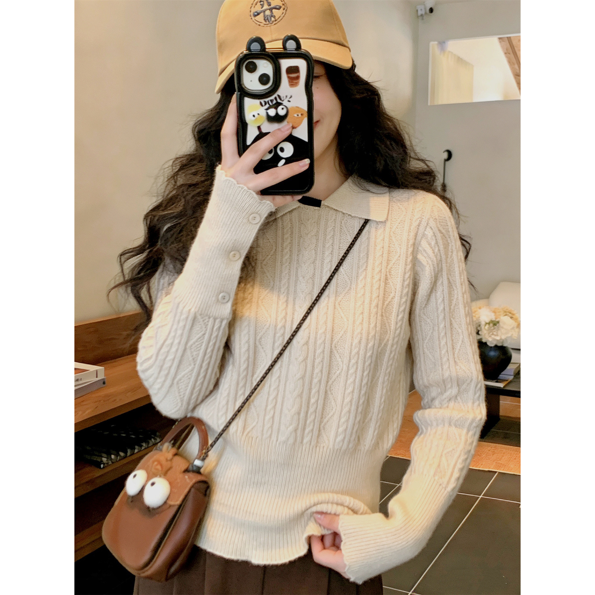 翻领polo领麻花套头毛衣女秋冬高级感可外穿内搭收腰修身针织上衣