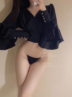 性感欧美钻石镂空纯棉内裤少女黑色低腰火辣金属链条夜店丁字T裤