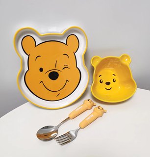 迪士尼正版授权维尼熊造型碗造型盘子304不锈钢叉勺儿童餐具套装