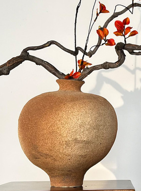 侘寂风花艺复古粗陶瓷小足花瓶日式花器茶室客厅家居装饰摆件陶罐