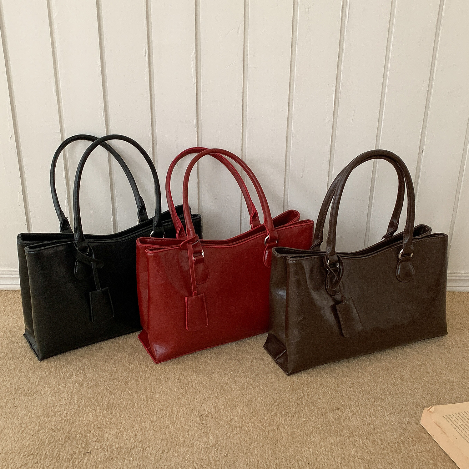 EMORRIN韩版小众轻奢大容量油蜡皮托特包新款复古百搭红色手提包