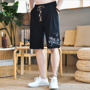 刺绣麒麟短裤男韩版休闲直筒风中裤子复古男装A266-1-K53-P40图片