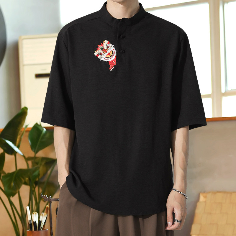 刺绣狮子风男装T恤男圆领宽松盘扣夏季青年A266-1-T160-P55图片