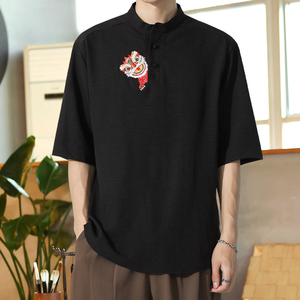 刺绣狮子风男装T恤男圆领宽松盘扣夏季青年A266-1-T160-P55,中长女士开衫毛衣怎么搭配图片