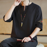 刺绣棉麻风男装T恤男圆领宽松盘扣夏季青年A266-1-T169-P35，男装T恤，电商A266-1