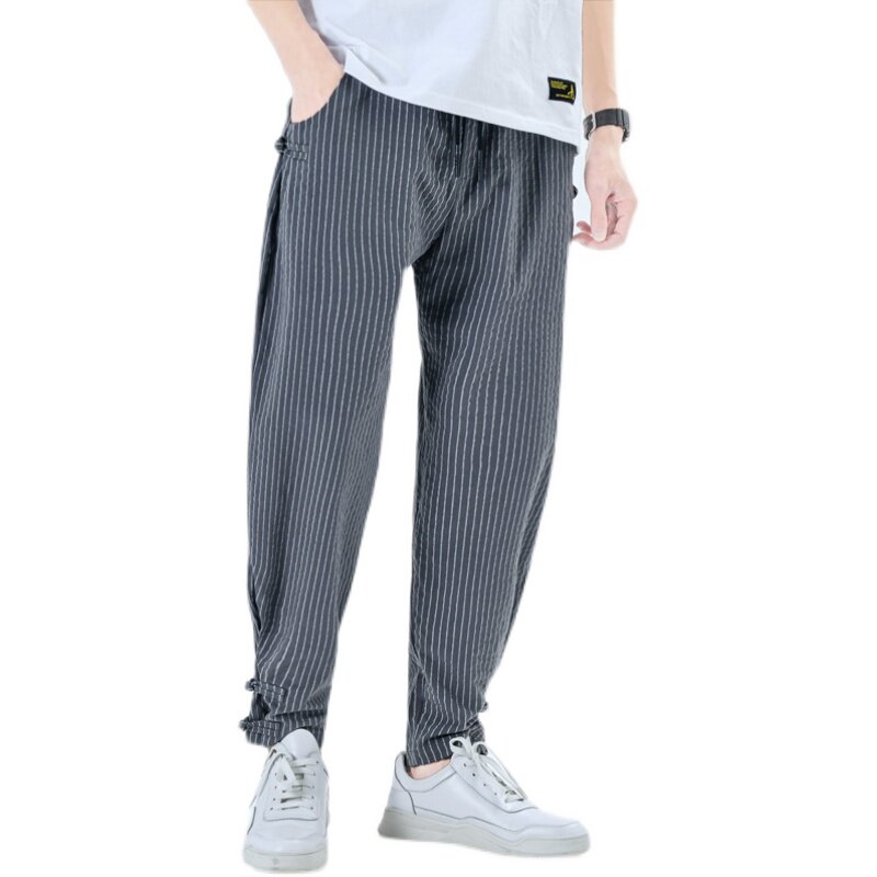 风棉麻休闲裤男哈伦青年宽松盘扣小脚条纹长裤A266-1-K58-P50,男装休闲裤,电商A266-1