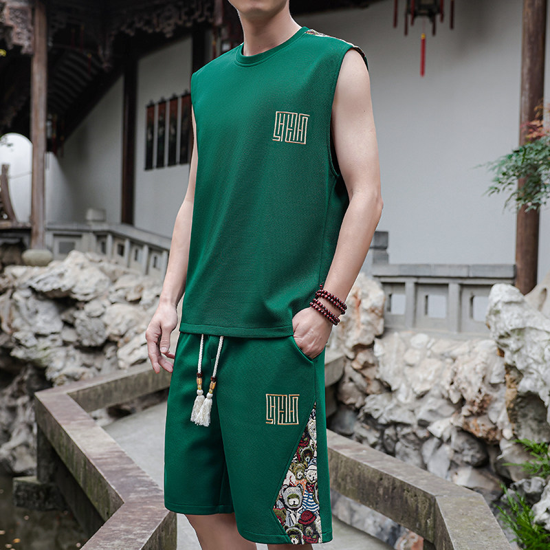 刺绣背心套装男休闲运动套装风A266-1-TZ2258-P46特批控78,男装休闲套装,电商A266-1