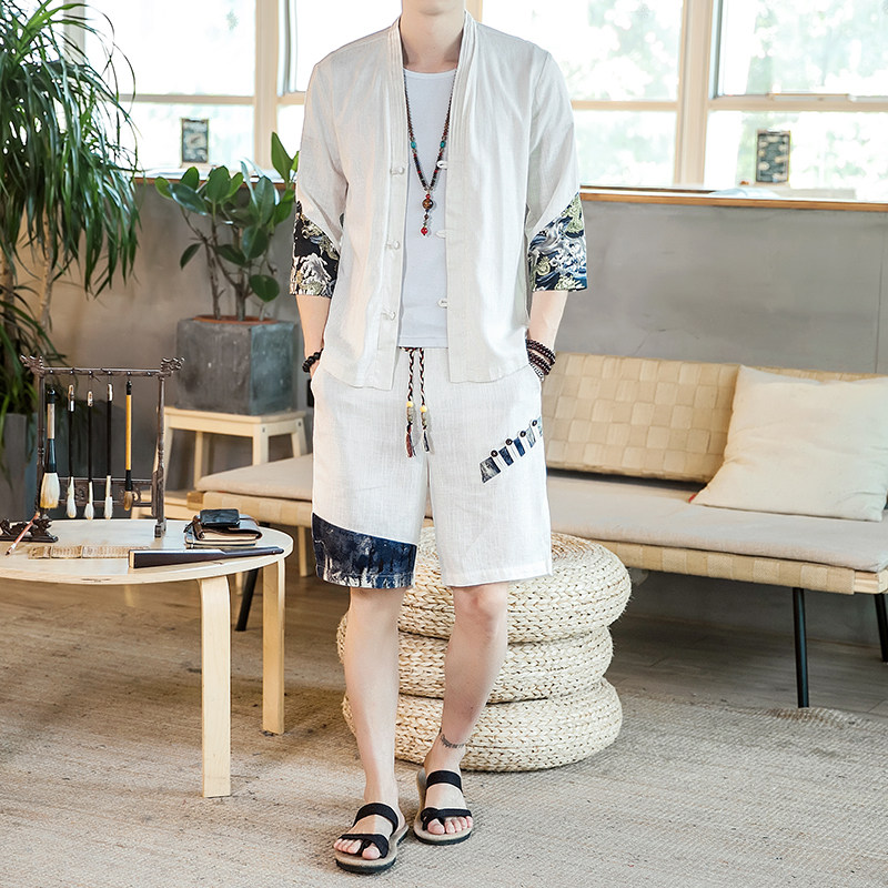 夏季风一套亚麻两件套短裤盘扣复古男装A266-1-TZ4959-P75，男装牛仔裤，电商A266-1
