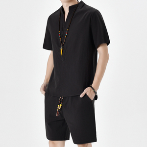 夏季风青年套装男大码棉麻小V口盘扣两件套A266-1-TZ6288-P60图片