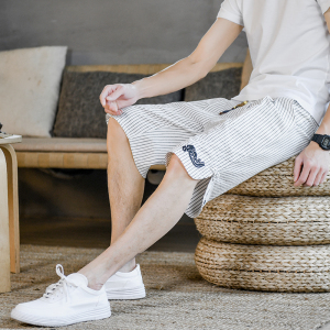 夏季棉麻风七分裤抽绳条纹男装复古休闲裤A266-1-K59-P40图片