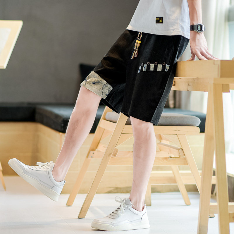 2025夏季新款亚麻短裤男宽松大码拼接休闲裤抽绳A266-1-K49-P35，男装牛仔裤，电商A266-1