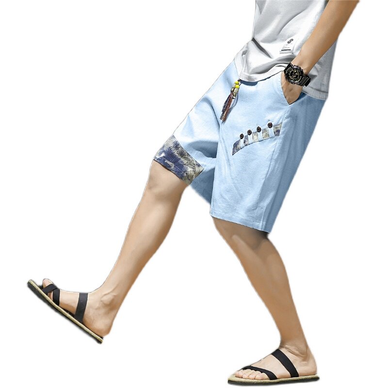 亚麻短裤男韩版休闲直筒风拼接中裤子复古男装A266-1-K49-P35,男装牛仔裤,电商A266-1
