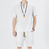 夏季风青年套装男大码棉麻小V口盘扣两件套A266-1-TZ6288-P60，男装休闲套装，电商A266-1