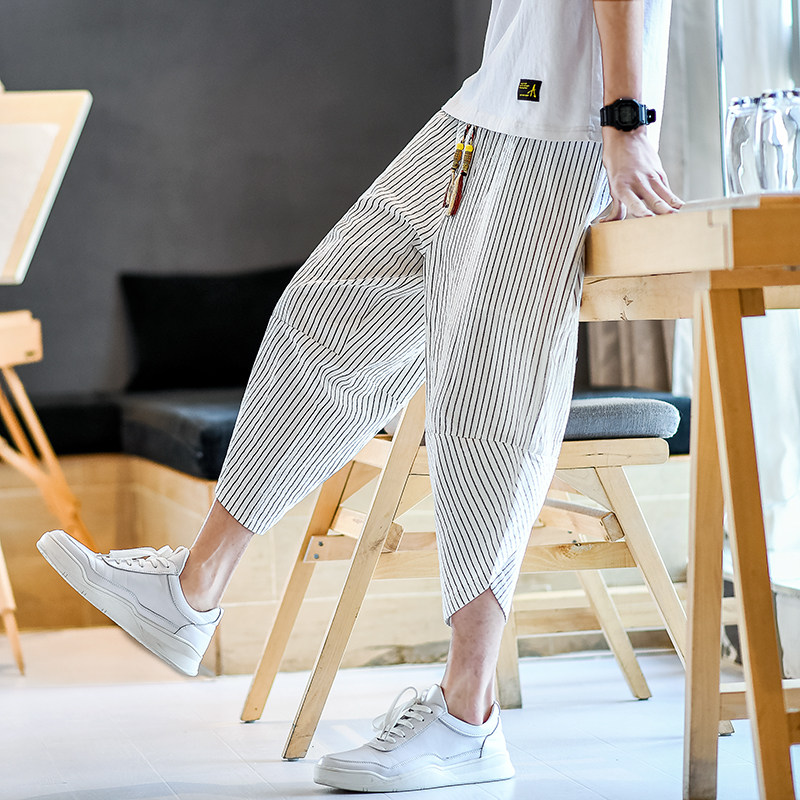 棉麻风七分裤抽绳条纹男装复古休闲裤夏季A266-1-K82-P40，男装牛仔裤，电商A266-1