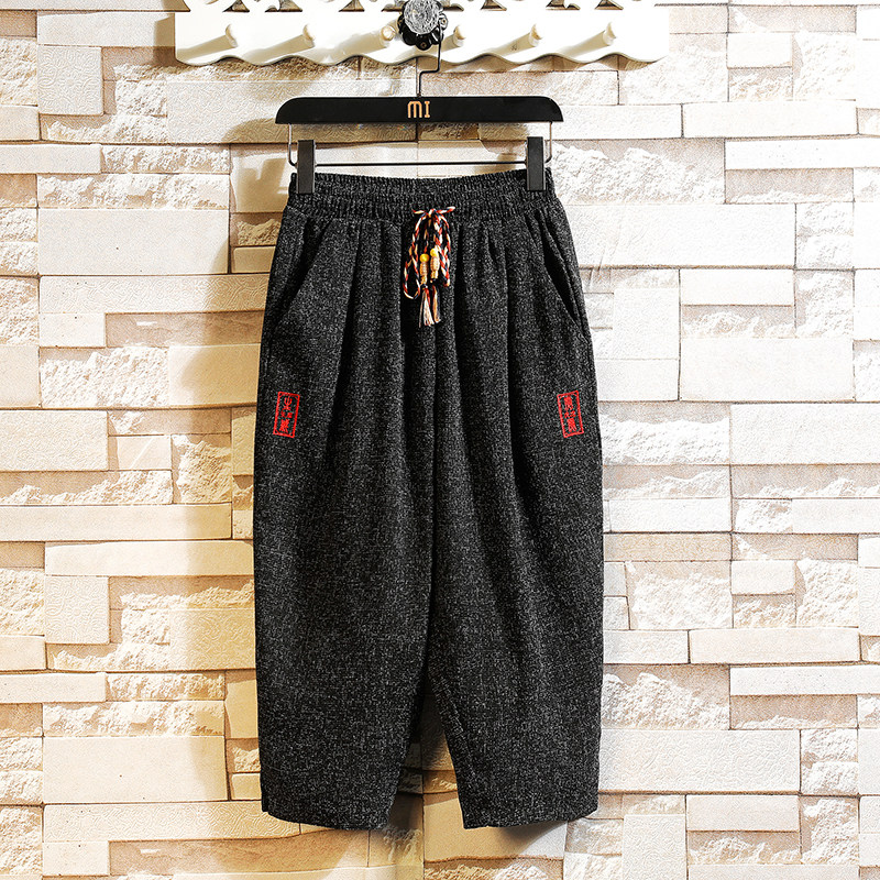 刺绣风棉麻男士七分裤宽松抽绳中裤休闲裤复古A266-1-K84-P50，男装牛仔裤，电商A266-1