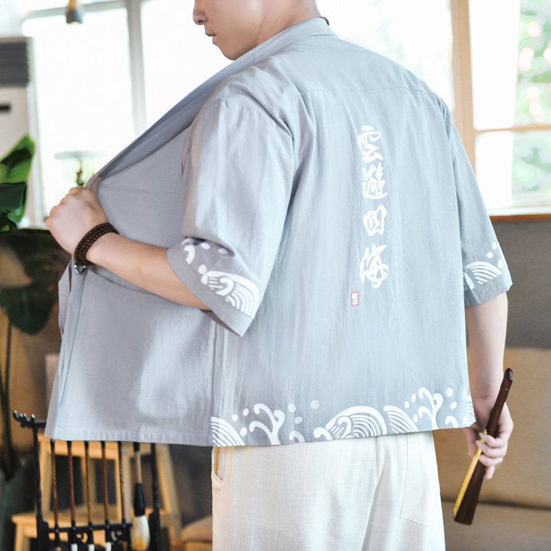 夏季夹克风宽松开衫男棉麻外套2026新款印花A266-1-F58-P40,男装夹克,电商A266-1
