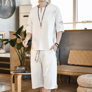 夏季风青年套装男刺绣宽松小V口盘扣两件套A266-1-TZ6987-P65