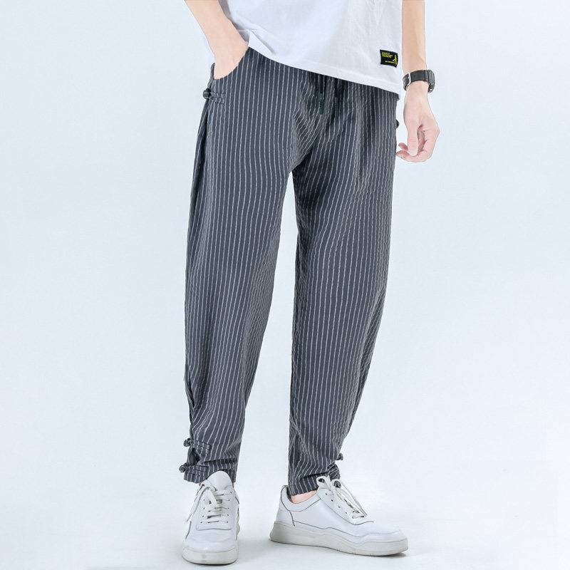 条纹风休闲裤男宽松青年小脚棉麻盘扣哈伦长裤A266-1-K58-P50,男装休闲裤,电商A266-1